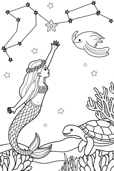 A coloring page of Mermaid exploring the night sky