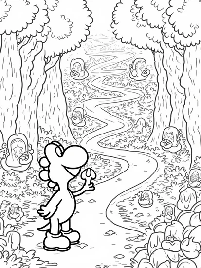 A coloring page of Yoshi in a magical labyrinth
