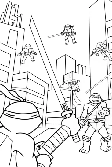 A coloring page of Ninja Turtles tech wizards battle