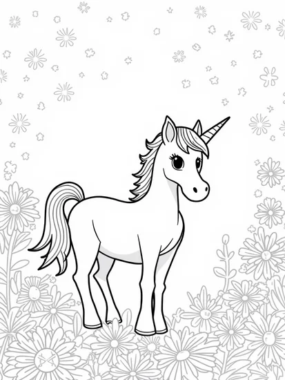 A coloring page of Unicorn in a magical garden