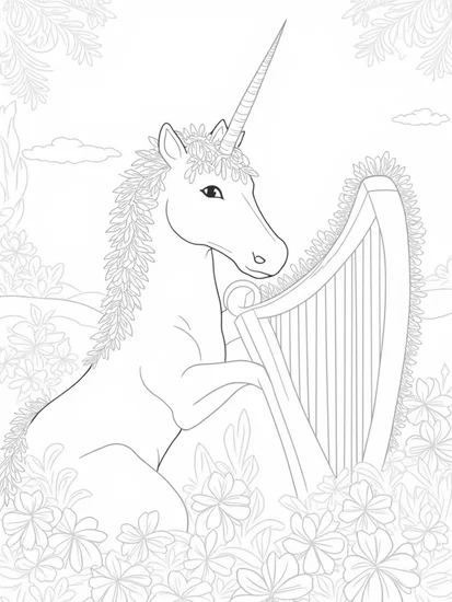 A coloring page of Unicorn playing music in a garden