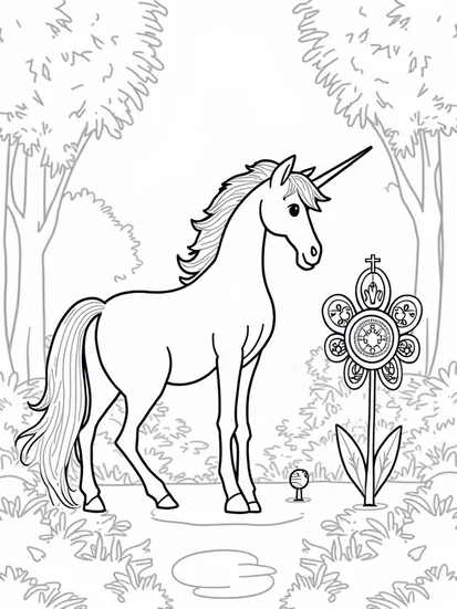A coloring page of Unicorn discovering a time machine