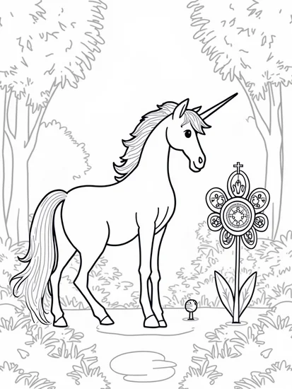 A coloring page of Unicorn discovering a time machine