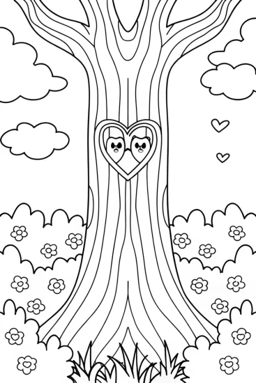 A coloring page of Lovebirds in a heart tree