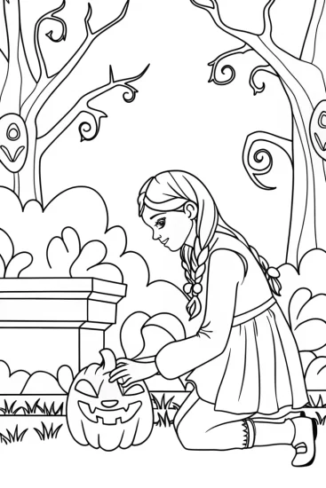 A coloring page of Wednesday Addams in a garden