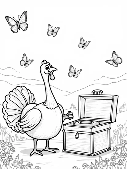A coloring page of Turkey discovering a music box