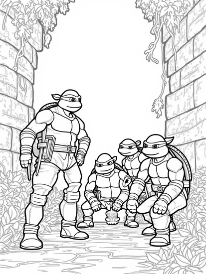 A coloring page of TMNT exploring ancient ruins