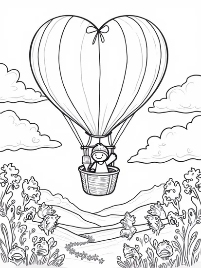 A coloring page of Love potion delivery by hot air balloon