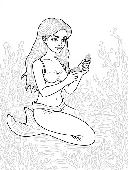 A coloring page of Mermaid sculptor crafting wonders