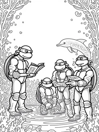A coloring page of Teenage Mutant Ninja Turtles underwater library