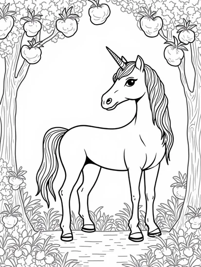 A coloring page of Unicorn in the enchanted orchard