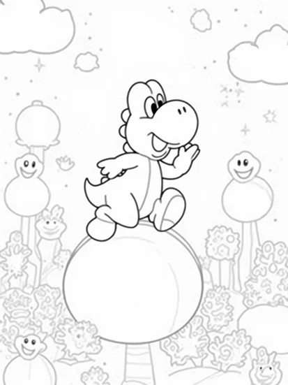A coloring page of Yoshi bouncing on a bubble