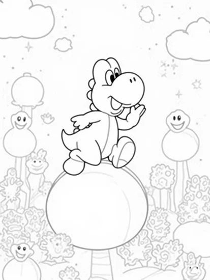 A coloring page of Yoshi bouncing on a bubble