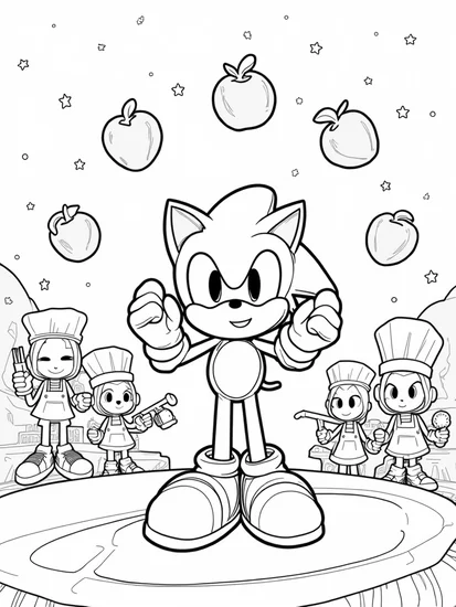A coloring page of Super Sonic cooking in space