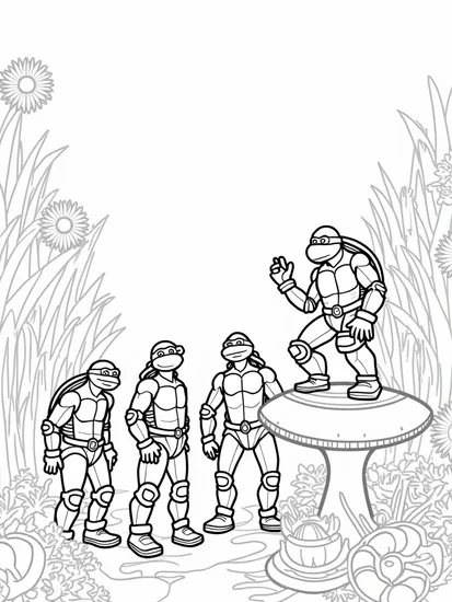 A coloring page of Teenage Mutant Ninja Turtles explore