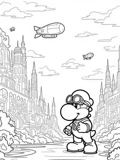 A coloring page of Yoshi in a steampunk city