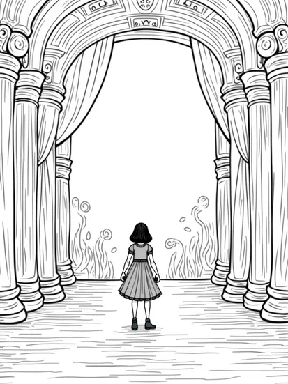 A coloring page of Wednesday Addams in an ancient theater
