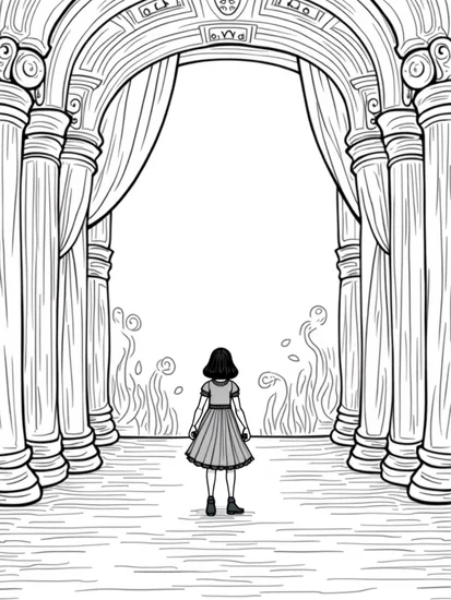A coloring page of Wednesday Addams in an ancient theater