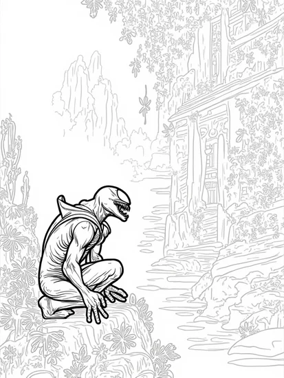 A coloring page of Venom exploring a glowing underworld