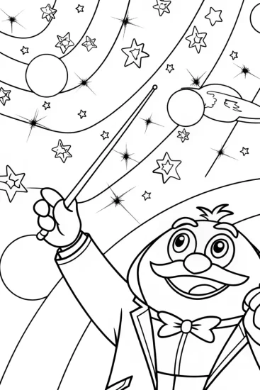 A coloring page of Super Sonic conducting an orchestra