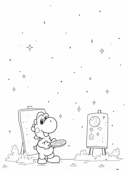 A coloring page of Yoshi painting under the stars