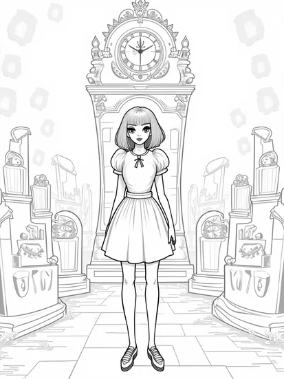 A coloring page of Wednesday Addams in the enchanted crypt