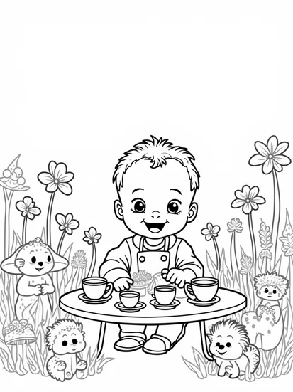 A coloring page of Baby’s enchanted garden tea party