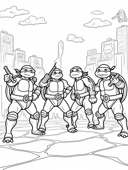A coloring page of Teenage Mutant Ninja Turtles battle