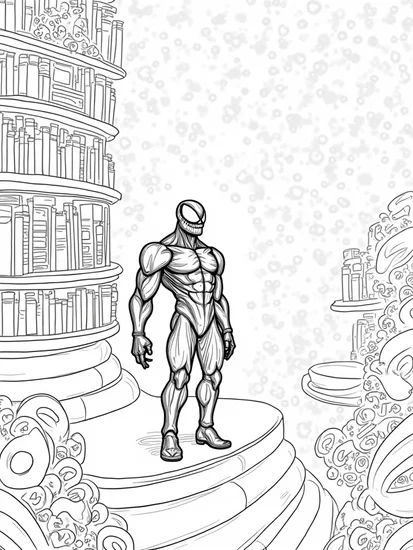 A coloring page of Venom as a cosmic librarian