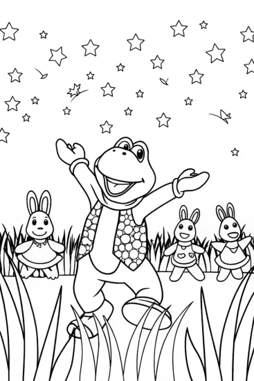 A coloring page of Yoshi’s dance party in the meadow