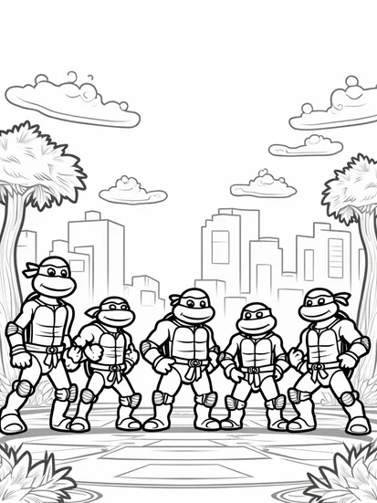 A coloring page of Teenage Mutant Ninja Turtles stand tall