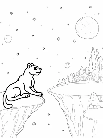 A coloring page of Black Panther exploring a night sky