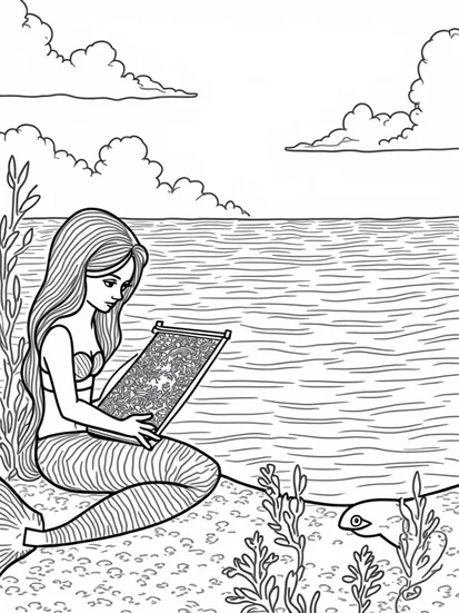 A coloring page of Mermaid weaving a tapestry