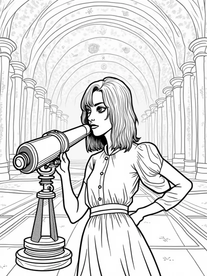 A coloring page of Wednesday Addams in an observatory