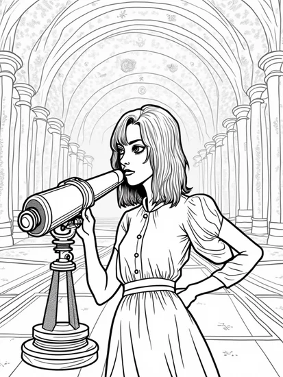 A coloring page of Wednesday Addams in an observatory