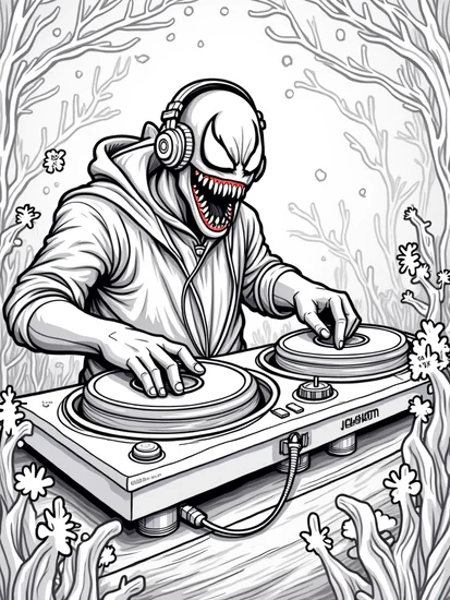 A coloring page of Venom as a DJ in the forest