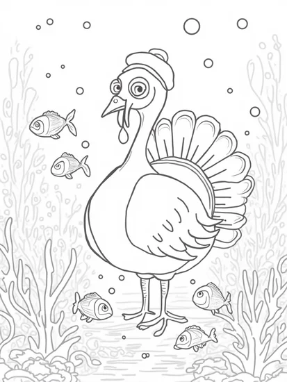 A coloring page of Turkey swimming in an underwater art gallery