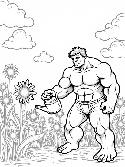 A coloring page of Hulk watering a giant flower