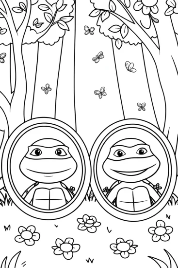 A coloring page of Ninja Turtles in the enchanted forest