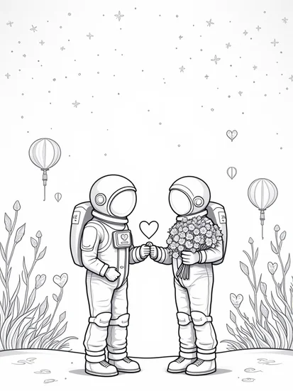 A coloring page of Astronauts celebrating love