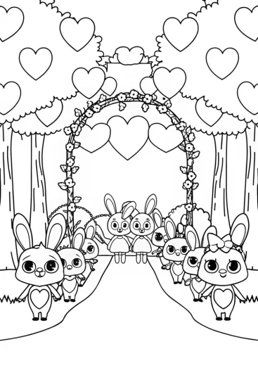 A coloring page of Rabbits in a heart parade