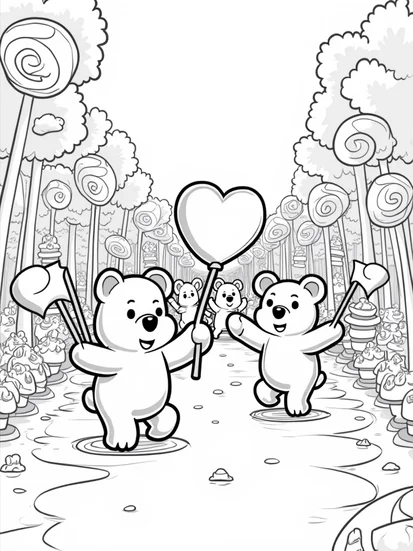 A coloring page of Gummy bears celebrating love