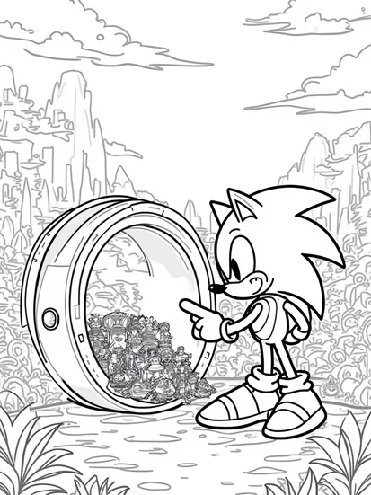 A coloring page of Super Sonic exploring a time capsule