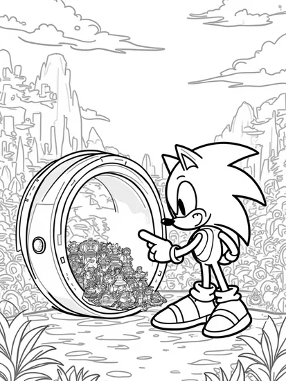 A coloring page of Super Sonic exploring a time capsule