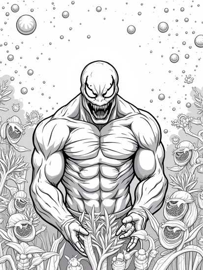 A coloring page of Venom in a cosmic garden