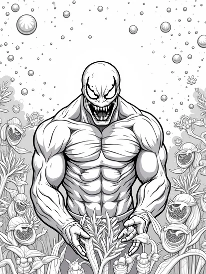 A coloring page of Venom in a cosmic garden