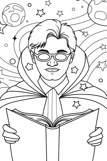 A coloring page of Venom as a cosmic librarian