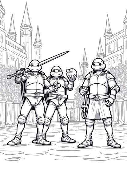 A coloring page of TMNT in a medieval tournament