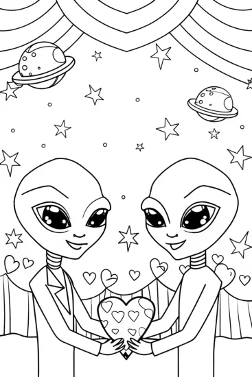 A coloring page of Aliens exchanging heart crystals