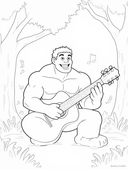 A coloring page of Hulk playing guitar in the forest